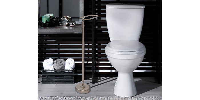 Freestanding TP holder next to commode in modern bathroom