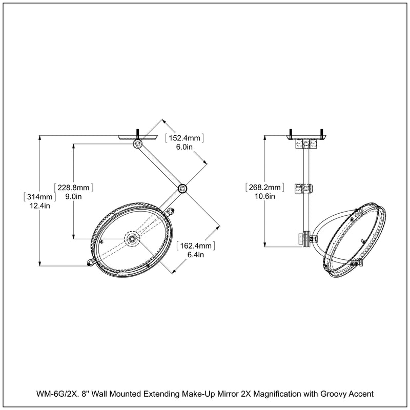 8 Inch Wall Mounted Extending Make-Up Mirror with Grooved Accents